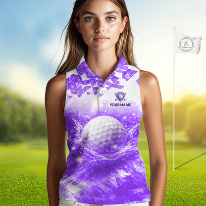 Female golfer wearing purple water splash golf polo shirt, women's golf clothing, custom golf apparel