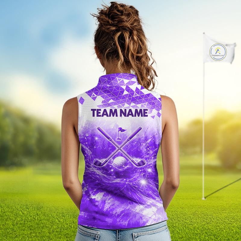 Female golfer wearing purple water splash golf polo shirt, women's golf clothing, custom golf apparel
