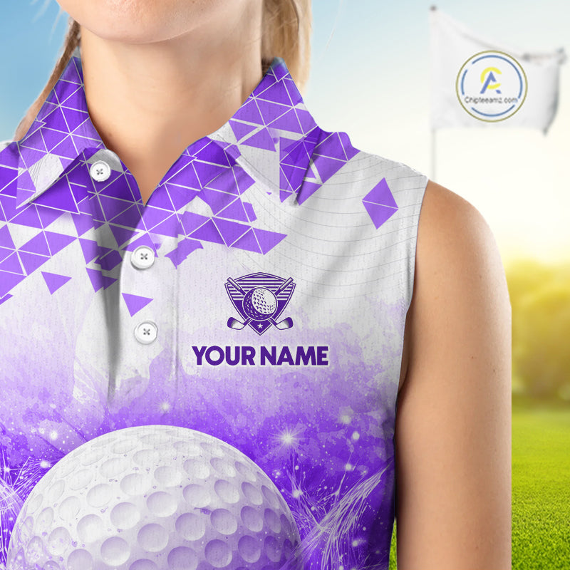 Female golfer wearing purple water splash golf polo shirt, women's golf clothing, custom golf apparel