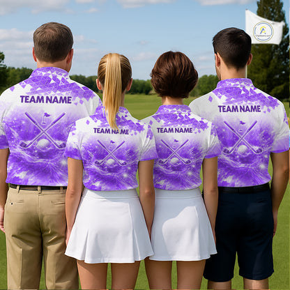 Men women golf team wearing matching purple water splash golf polo shirts, golf team uniforms, men's golf apparel