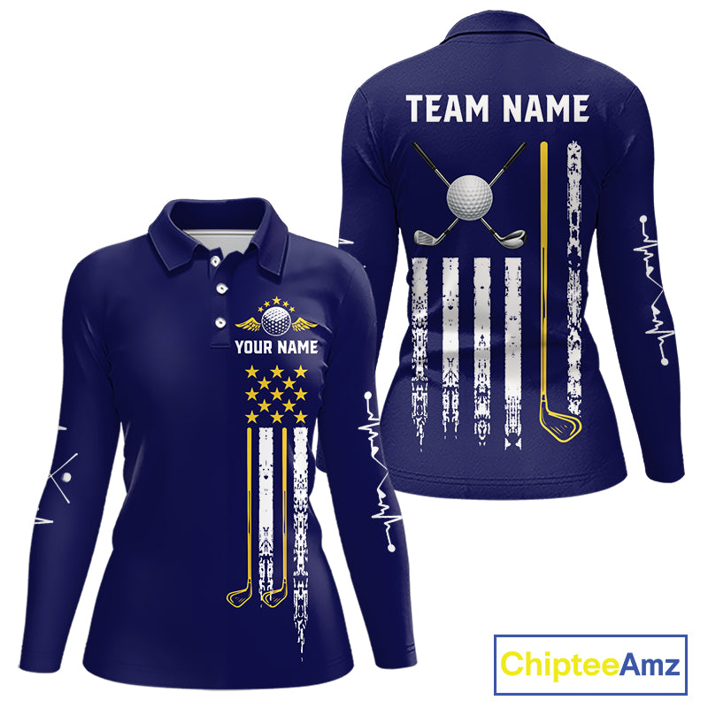 Women's grunge US flag golf polo shirt, yellow and blue patriotic golf apparel, golf team uniform, American flag golf shirt