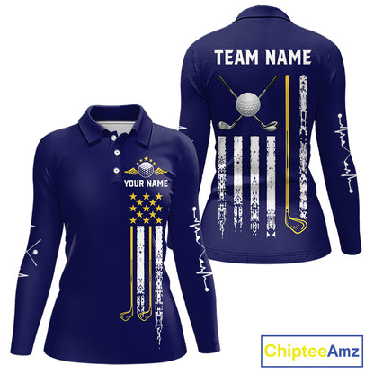 Women's grunge US flag golf polo shirt, yellow and blue patriotic golf apparel, golf team uniform, American flag golf shirt