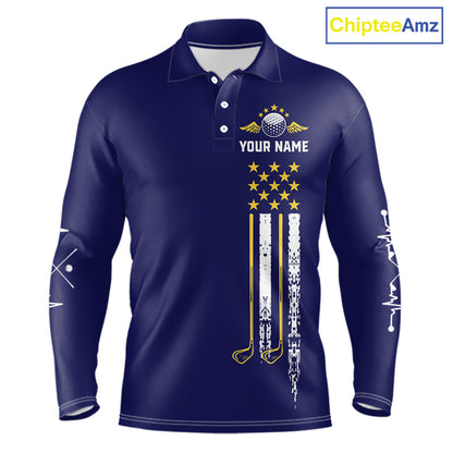 Men's grunge US flag golf long sleeves polo shirt, yellow and blue patriotic golf apparel, golf team uniform, American flag golf shirt