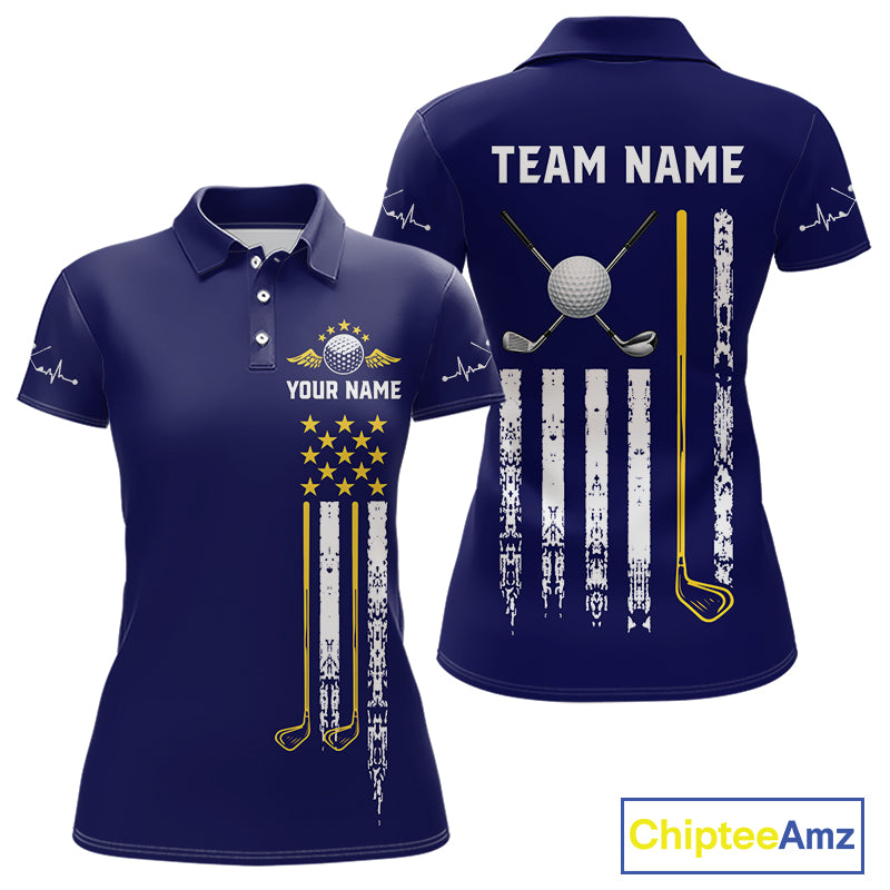 Women's grunge US flag golf polo shirt, yellow and blue patriotic golf apparel, golf team uniform, American flag golf shirt