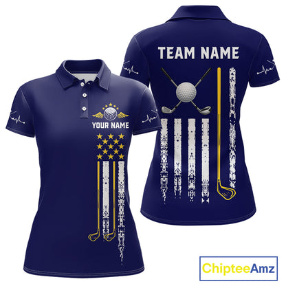 Women's grunge US flag golf polo shirt, yellow and blue patriotic golf apparel, golf team uniform, American flag golf shirt