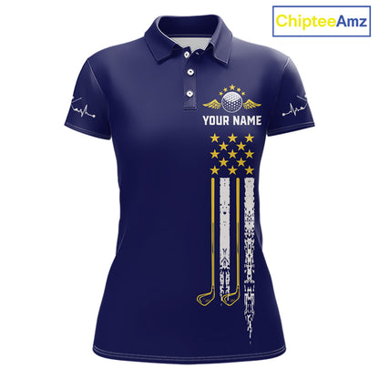 Women's grunge US flag golf polo shirt, yellow and blue patriotic golf apparel, golf team uniform, American flag golf shirt