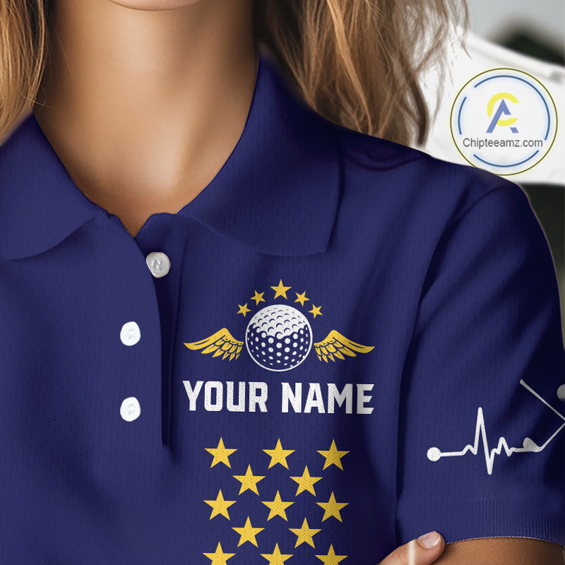 Female golfer wearing yellow blue grunge American flag golf polo shirt, patriotic golf clothing, golf tournament outfit