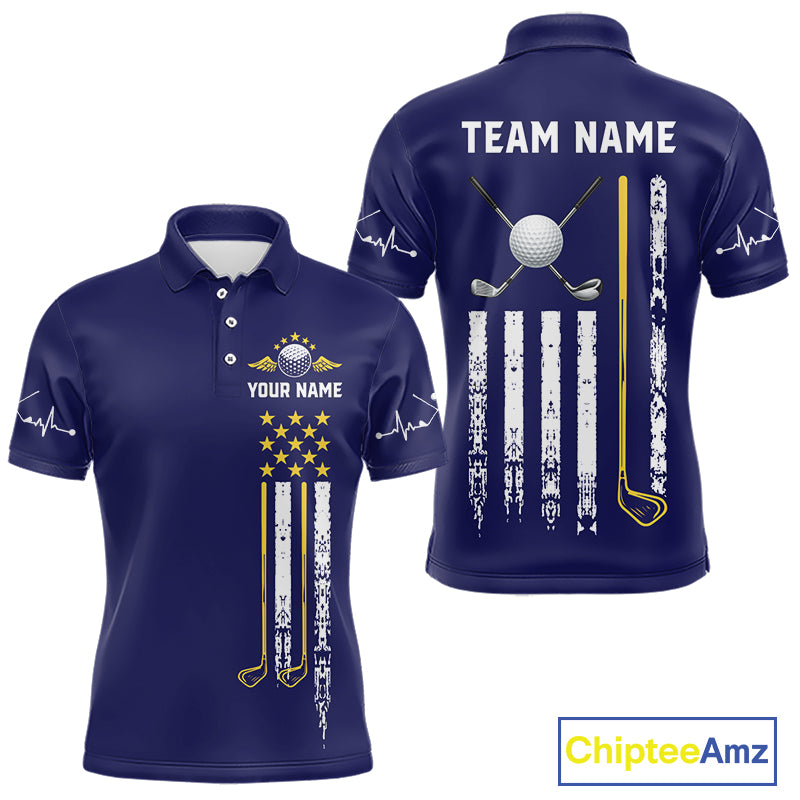 Men's grunge US flag golf polo shirt, yellow and blue patriotic golf apparel, golf team uniform, American flag golf shirt