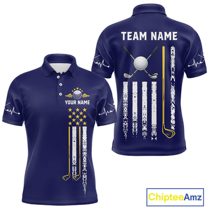 Men's grunge US flag golf polo shirt, yellow and blue patriotic golf apparel, golf team uniform, American flag golf shirt
