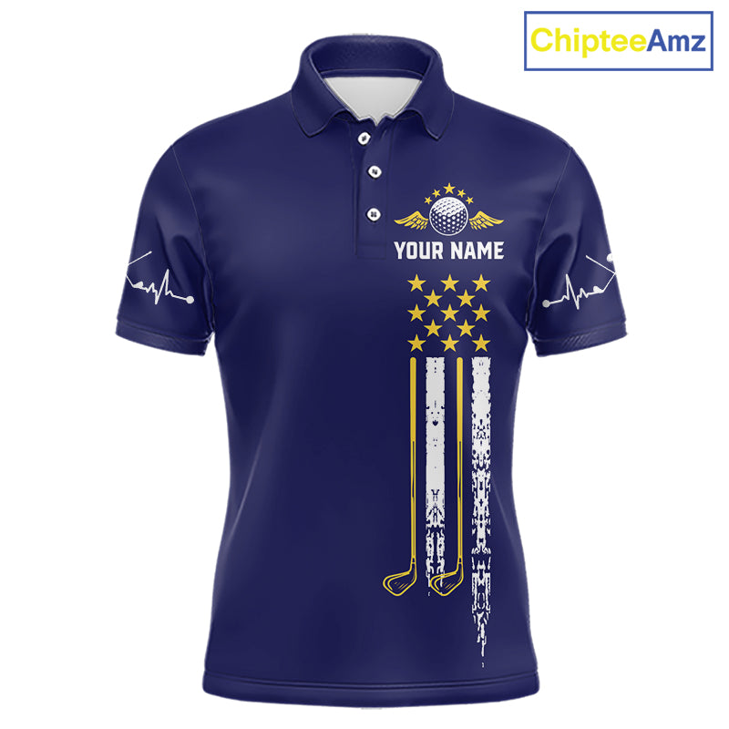 Men's grunge US flag golf polo shirt, yellow and blue patriotic golf apparel, golf team uniform, American flag golf shirt