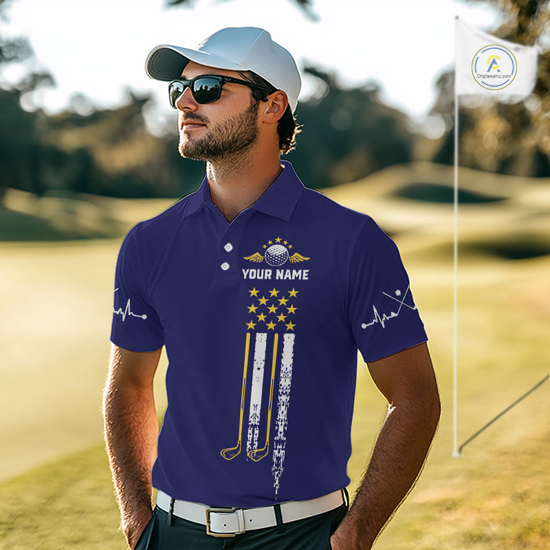 Male golfer wearing yellow blue grunge American flag golf polo shirt, patriotic golf clothing, golf tournament outfit