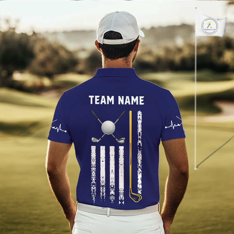 Male golfer wearing yellow blue grunge American flag golf polo shirt, patriotic golf clothing, golf tournament outfit