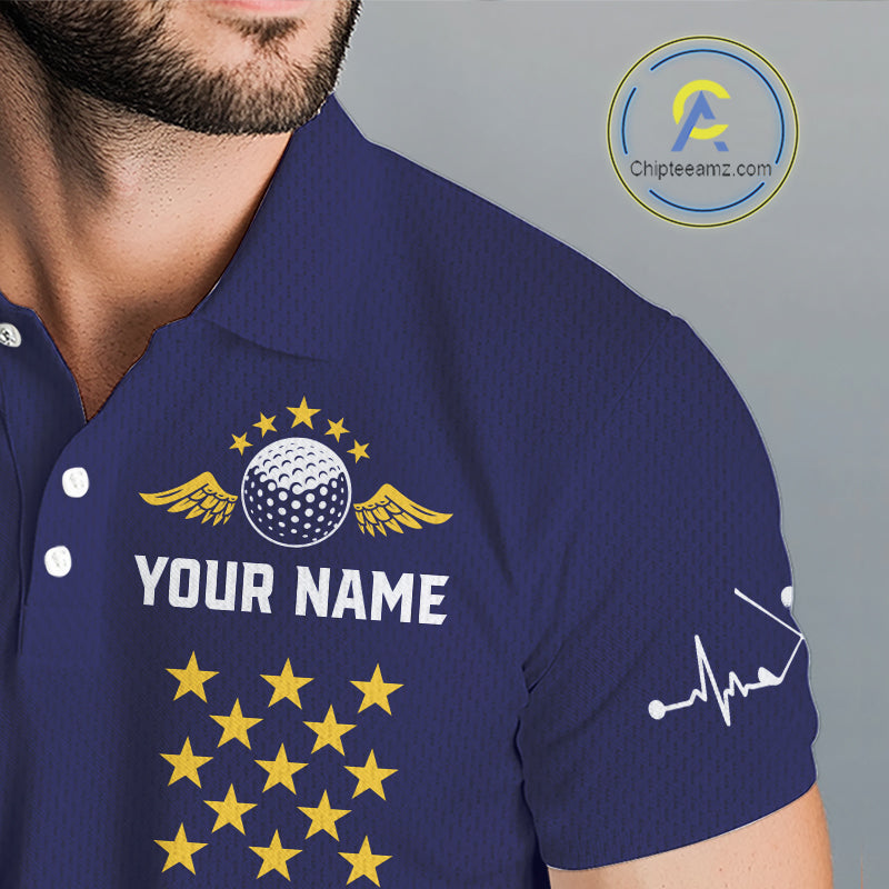 Male golfer wearing yellow blue grunge American flag golf polo shirt, patriotic golf clothing, golf tournament outfit