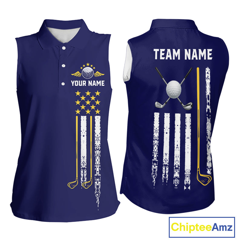 Women's grunge US flag golf polo shirt, yellow and blue patriotic golf apparel, golf team uniform, American flag golf shirt