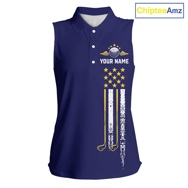 Women's grunge US flag golf polo shirt, yellow and blue patriotic golf apparel, golf team uniform, American flag golf shirt