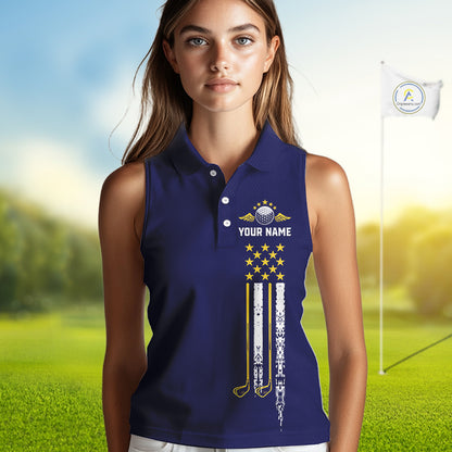 Female golfer wearing yellow blue grunge American flag golf polo shirt, patriotic golf clothing, golf tournament outfit