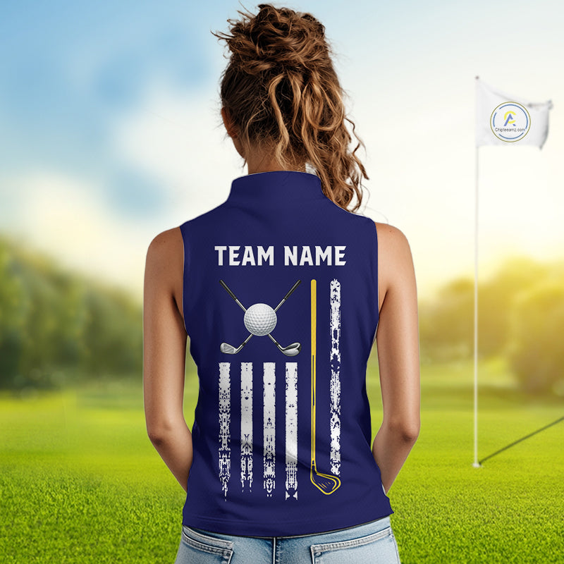 Female golfer wearing yellow blue grunge American flag golf polo shirt, patriotic golf clothing, golf tournament outfit