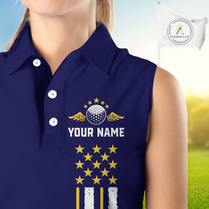 Female golfer wearing yellow blue grunge American flag golf polo shirt, patriotic golf clothing, golf tournament outfit