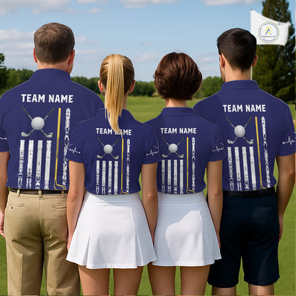 Men women golf team wearing matching grunge US flag golf polo shirts, patriotic golf uniforms, golf league apparel