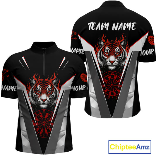 Custom Men's Dart Team Shirt With Roaring Tiger Dartboard - Silver & Black Jersey NYN0337
