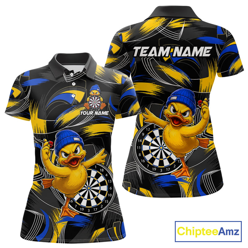 Blue and yellow brush funny duck women's darts polo shirt, custom dart team uniform, personalized dart name jersey, funny dart apparel, novelty darts clothing