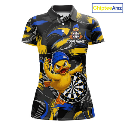 Blue and yellow brush funny duck women's darts polo shirt, custom dart team uniform, personalized dart name jersey, funny dart apparel, novelty darts clothing