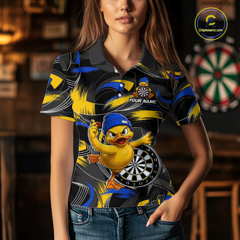 Female darts player wearing funny duck dart jersey, blue yellow brush dart shirt, personalized darts team uniform, fun darts apparel