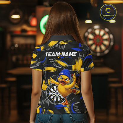 Female darts player wearing funny duck dart jersey, blue yellow brush dart shirt, personalized darts team uniform, fun darts apparel
