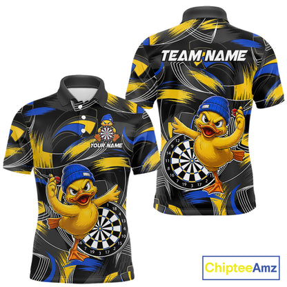 Blue and yellow brush funny duck men's darts polo shirt, custom dart team uniform, personalized dart name jersey, funny dart apparel, novelty darts clothing