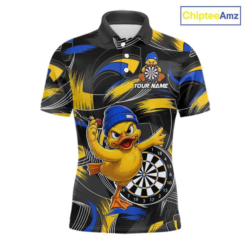 Blue and yellow brush funny duck men's darts polo shirt, custom dart team uniform, personalized dart name jersey, funny dart apparel, novelty darts clothing