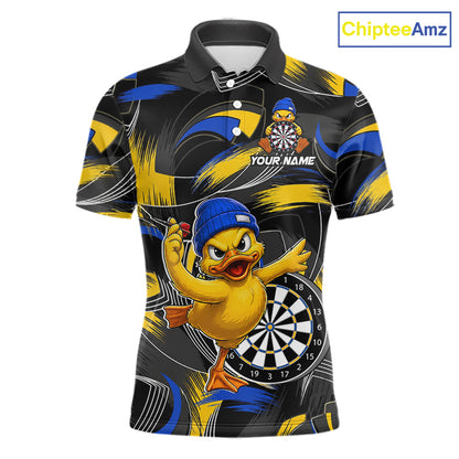 Blue and yellow brush funny duck men's darts polo shirt, custom dart team uniform, personalized dart name jersey, funny dart apparel, novelty darts clothing