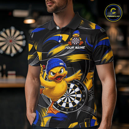 Male darts player wearing funny duck dart jersey, blue yellow brush dart shirt, personalized darts team uniform, fun darts apparel