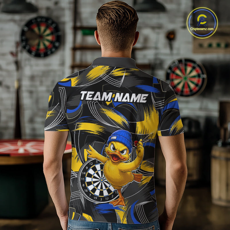Male darts player wearing funny duck dart jersey, blue yellow brush dart shirt, personalized darts team uniform, fun darts apparel