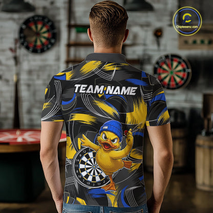 Male darts player wearing funny duck dart jersey, blue yellow brush dart shirt, personalized darts team uniform, fun darts apparel