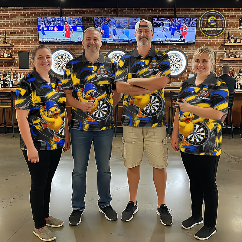 Men women darts team wearing matching funny duck dart jerseys, custom dart team shirts, novelty dart league uniforms