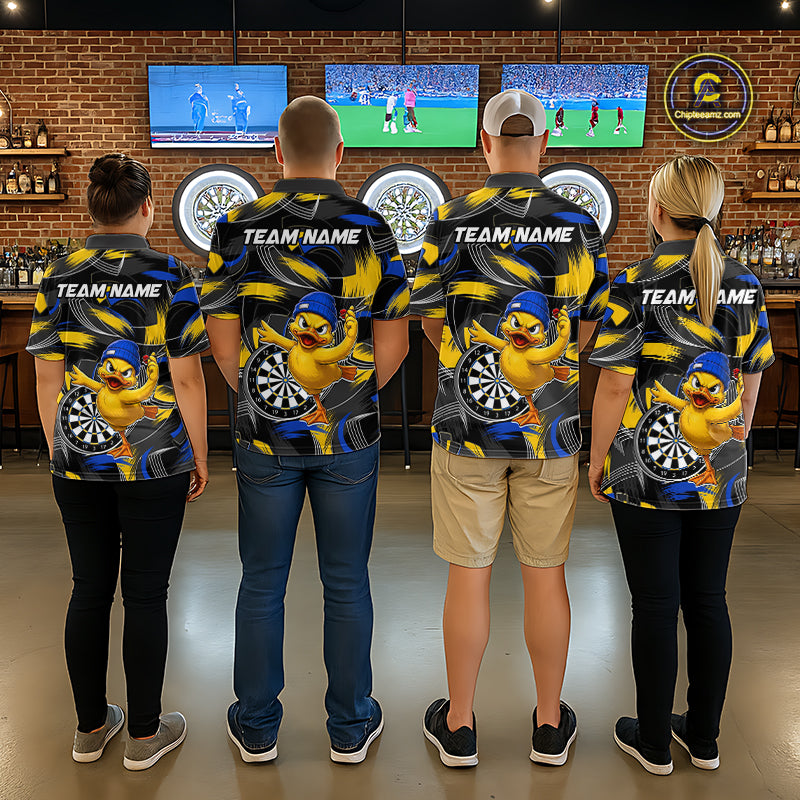 Men women darts team wearing matching funny duck dart jerseys, custom dart team shirts, novelty dart league uniforms