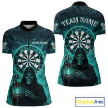 Load image into Gallery viewer, Teal Neon Grim Reaper Lightning Skull Darts League Shirt Custom Skull Women 1/4-Zip Darts Jersey NYN2036