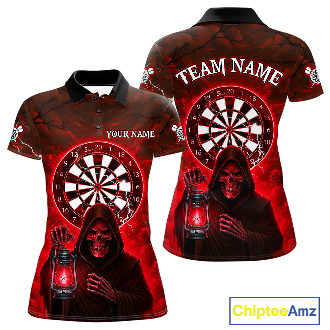 Red Neon Grim Reaper Lightning Skull Darts League Shirt Custom Skull Women Darts Jersey NYN2037