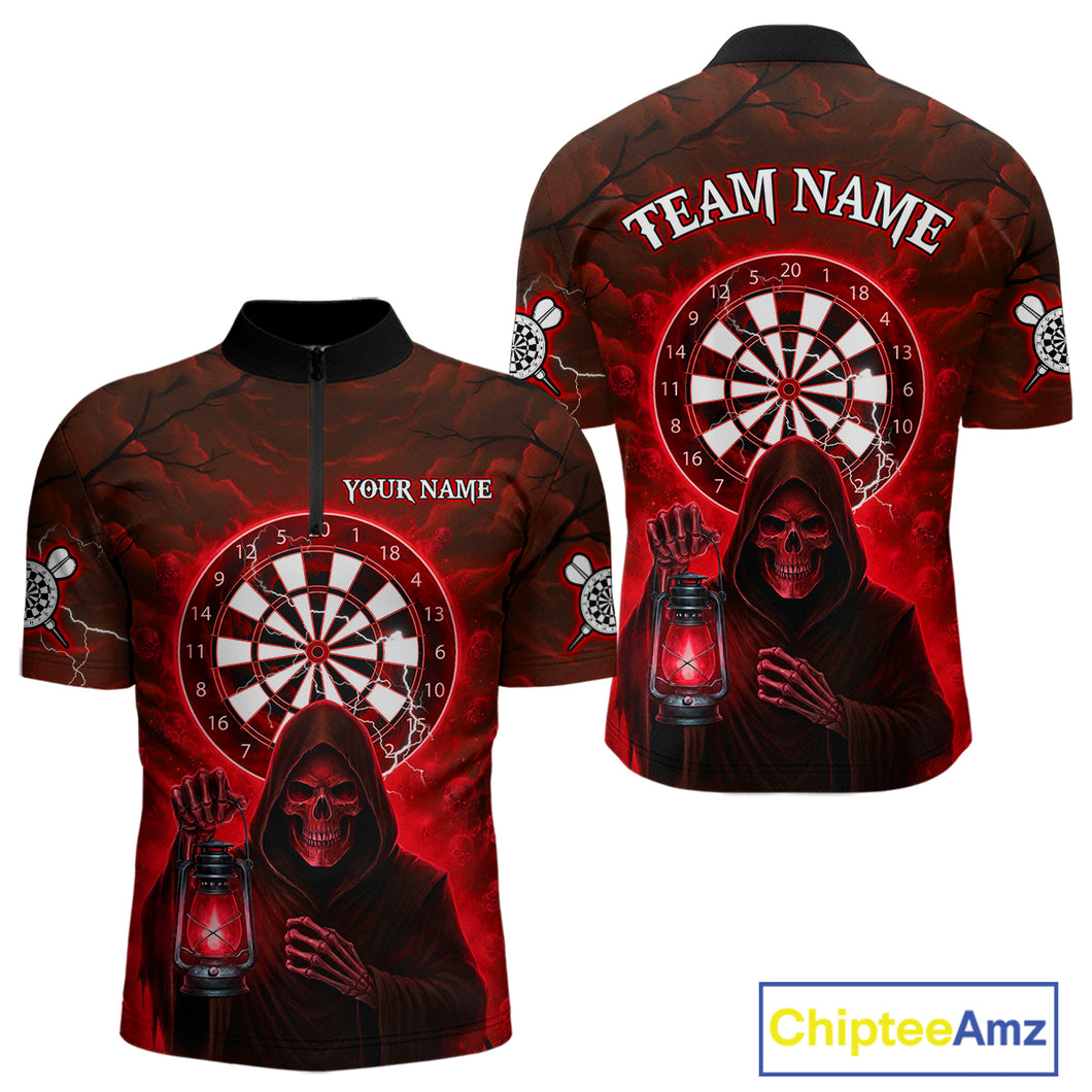 Red Neon Grim Reaper Lightning Skull Darts League Shirt Custom Skull Men 1/4-Zip Darts Jersey NYN2037