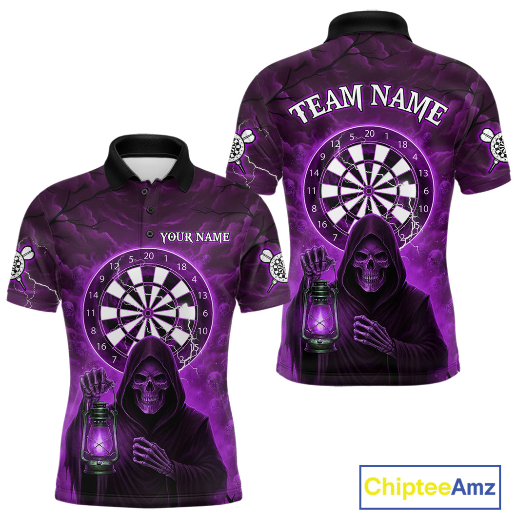 Purple Neon Grim Reaper Lightning Skull Darts League Shirt Custom Skull Men Darts Jersey NYN2038