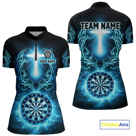 Thunder Blue Dartboard Cross Women Darts Team Shirt Personalized Tribal Dart Quarter-Zip Jerseys NYN2555