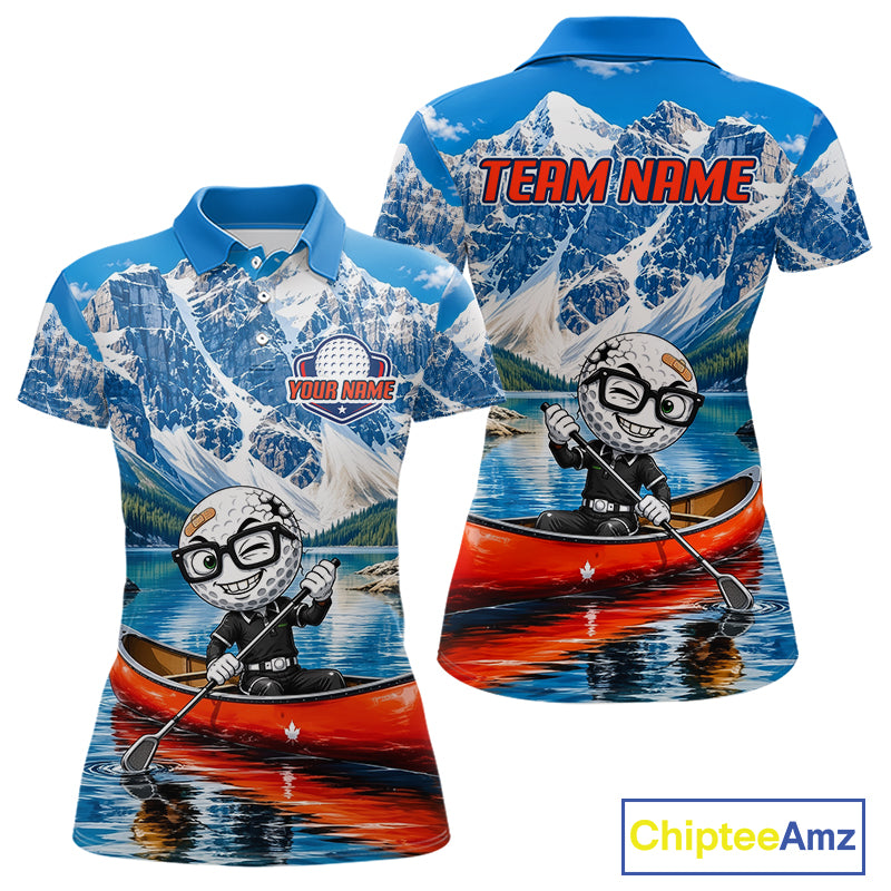 Polo shirt with mountain and canoe design, featuring a cartoon character.