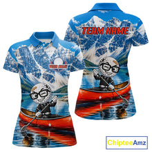 Load image into Gallery viewer, Polo shirt with mountain and canoe design, featuring a cartoon character.