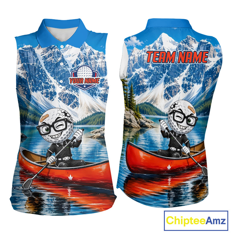 Sleeveless shirt with golf ball character in a canoe against a mountain lake background, featuring 'Team Name' text.