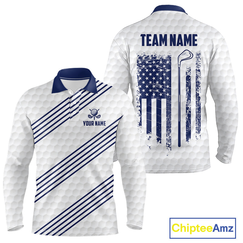 Patriotic American flag golf polo long sleeve shirt for men blue America 250th golf apparel