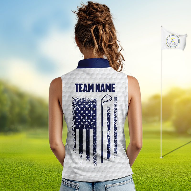 Patriotic Womens Golf Polo Shirts Custom American Flag Golf Apparel America Golf Shirt | Blue NYN3326