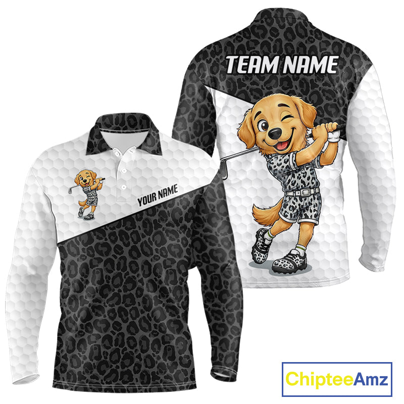 Golden retriever golf shirt with black leopard pattern funny golf polo long sleeve for men