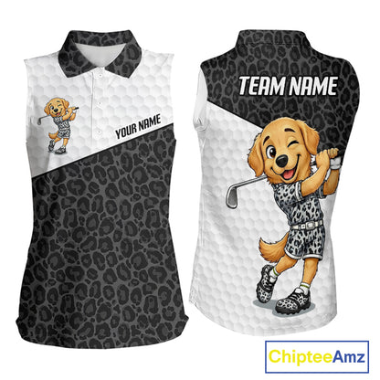 Golden retriever golf shirt with black leopard pattern funny golf polo for women