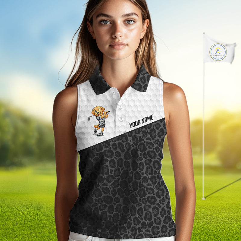 Golden Retriever Golf Shirt Personalized Black Leopard Pattern Funny Golf Polos For Women NYN3331