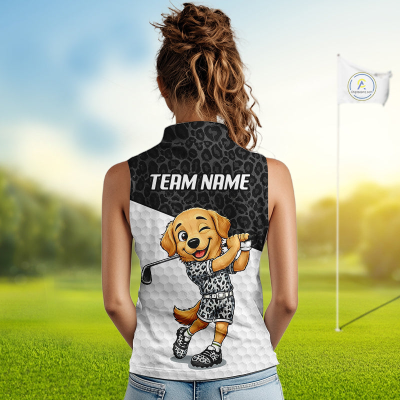 Golden Retriever Golf Shirt Personalized Black Leopard Pattern Funny Golf Polos For Women NYN3331